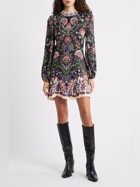 Farm Rio Marvelous Garden Minidress Floral Print Long-Sleeve size xSmall